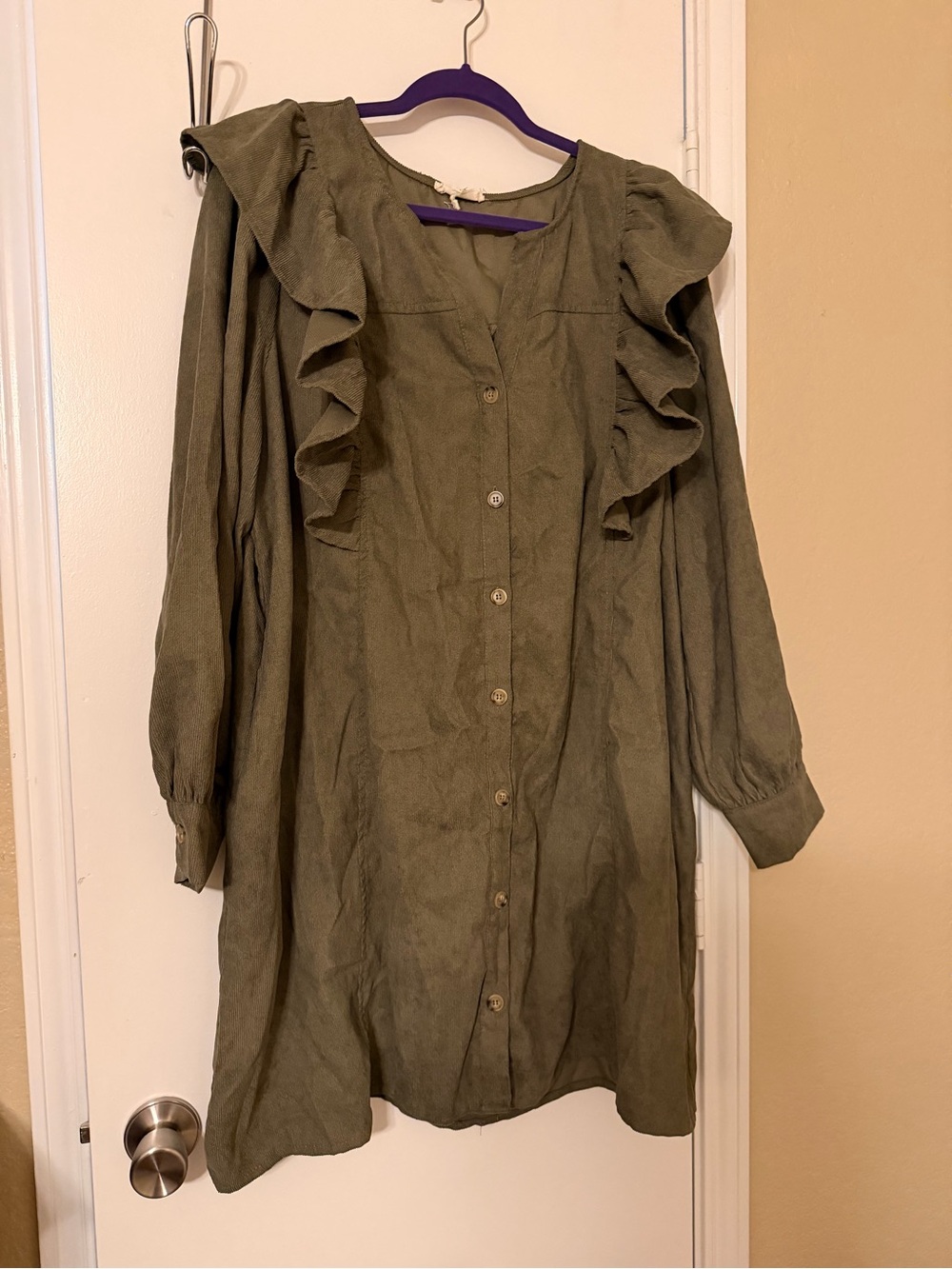 entro Olive Ruffle-Trim Button-Front Long Sleeve Dress